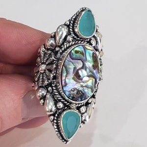Gorgeous Handmade Natural Abalone Shell, Chalcedony 925 Vintage Goth Punk Ring